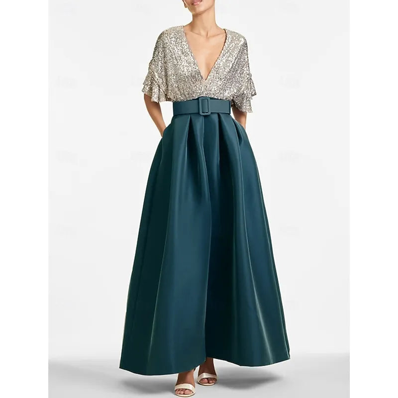 V-neck Flutter-sleeved Gunmetal Maxi Prom Dress for Women Custom
