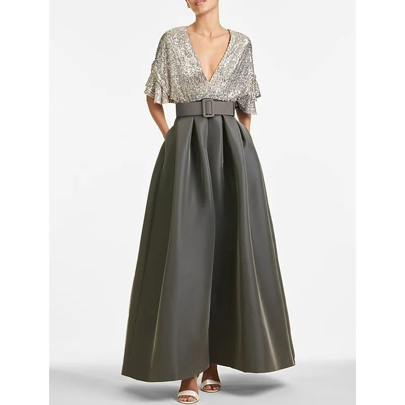 V-neck Flutter-sleeved Gunmetal Maxi Prom Dress for Women Custom