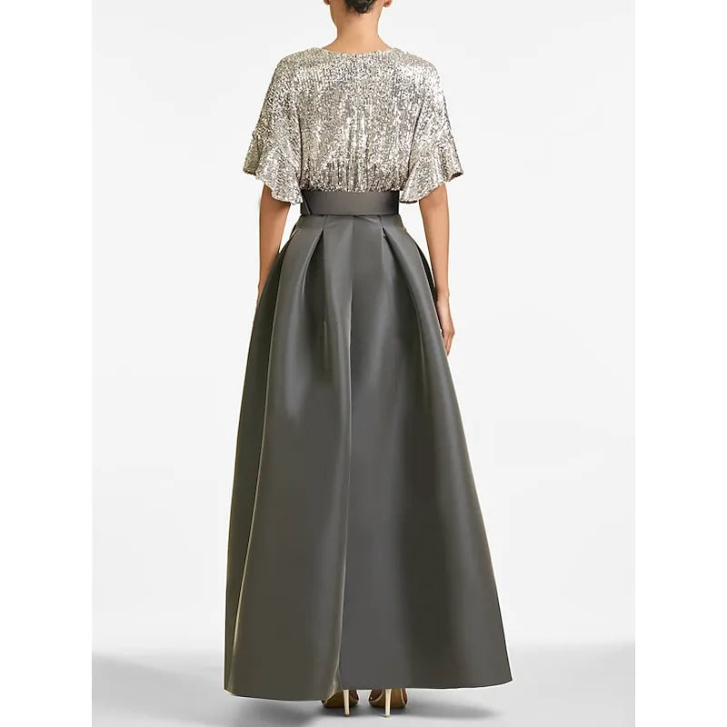 V-neck Flutter-sleeved Gunmetal Maxi Prom Dress for Women Custom