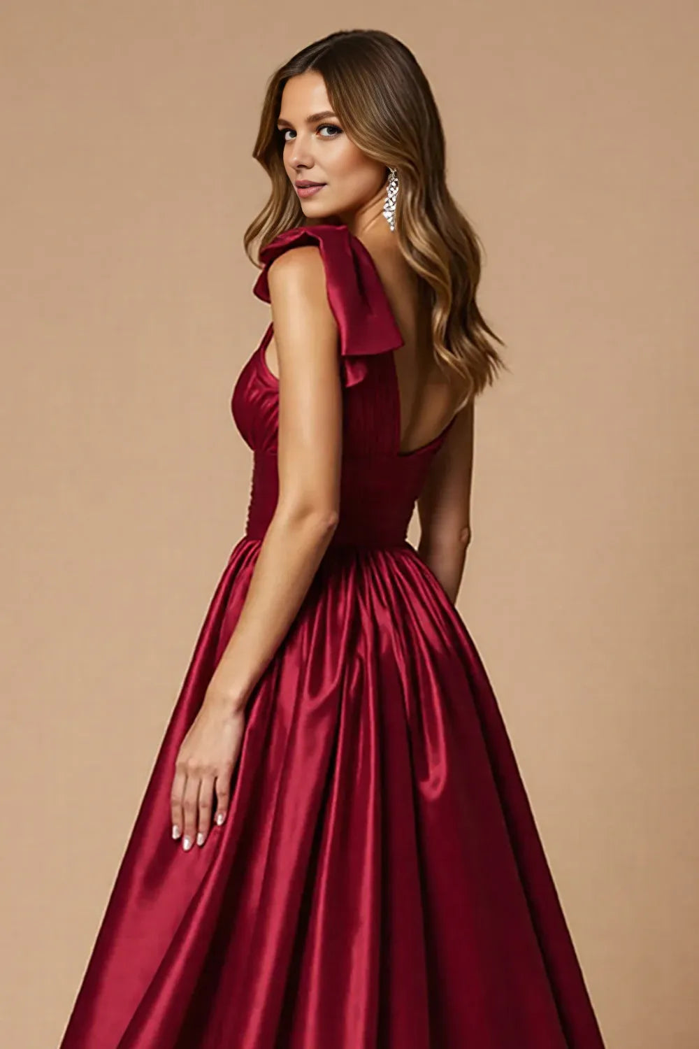 Stylish Refined Beautiful Timeless Special Occasion Elegant Burgundy Satin Sleeveless Prom Dress