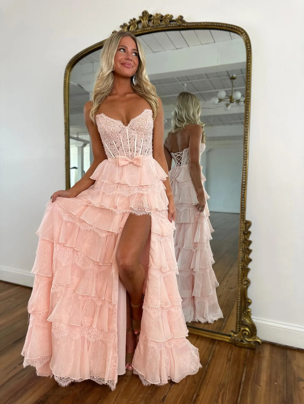 Pink A Line Sweetheart Corset Ruffle Floor Length Prom Dress With Slit