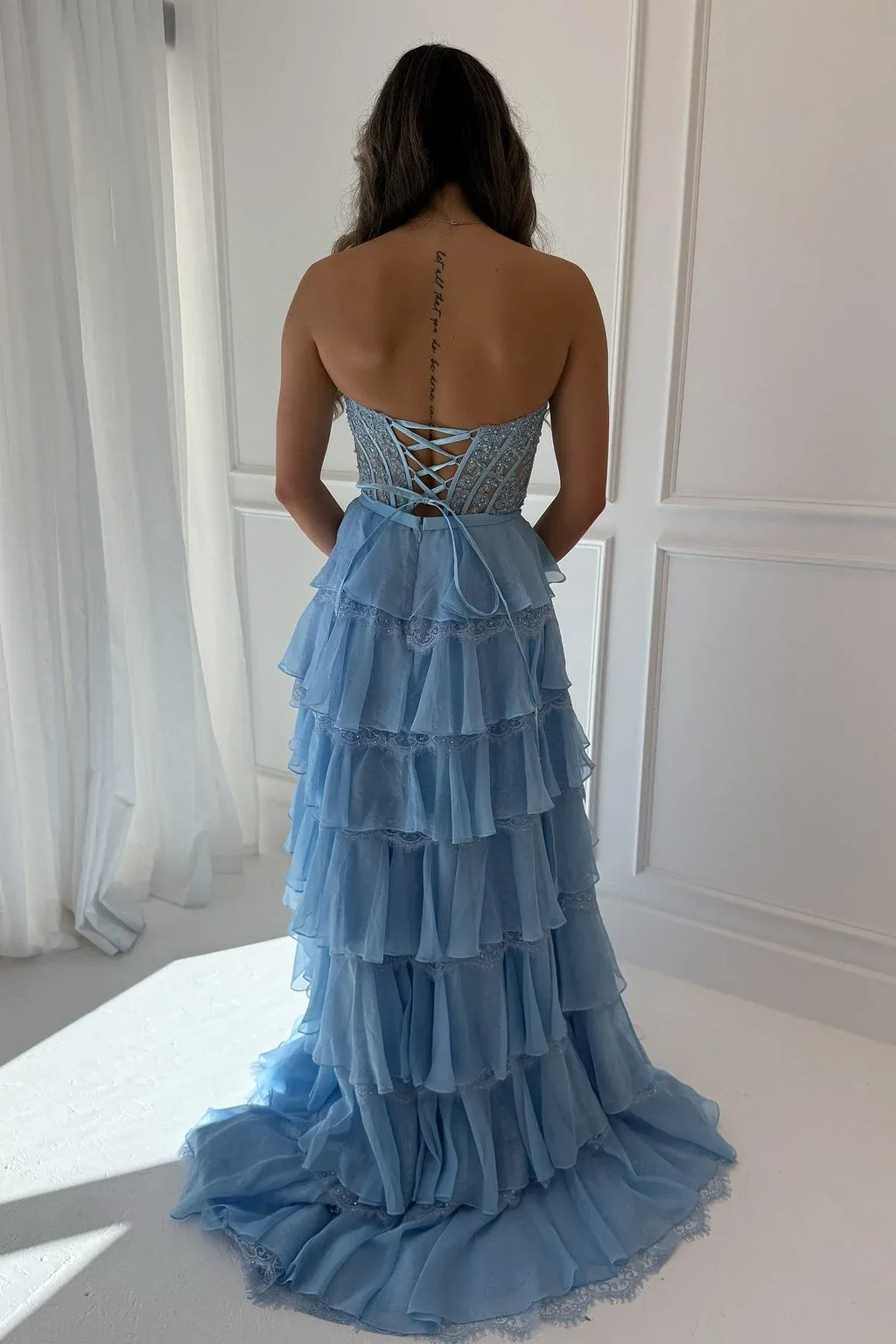 Pink A Line Sweetheart Corset Ruffle Floor Length Prom Dress With Slit