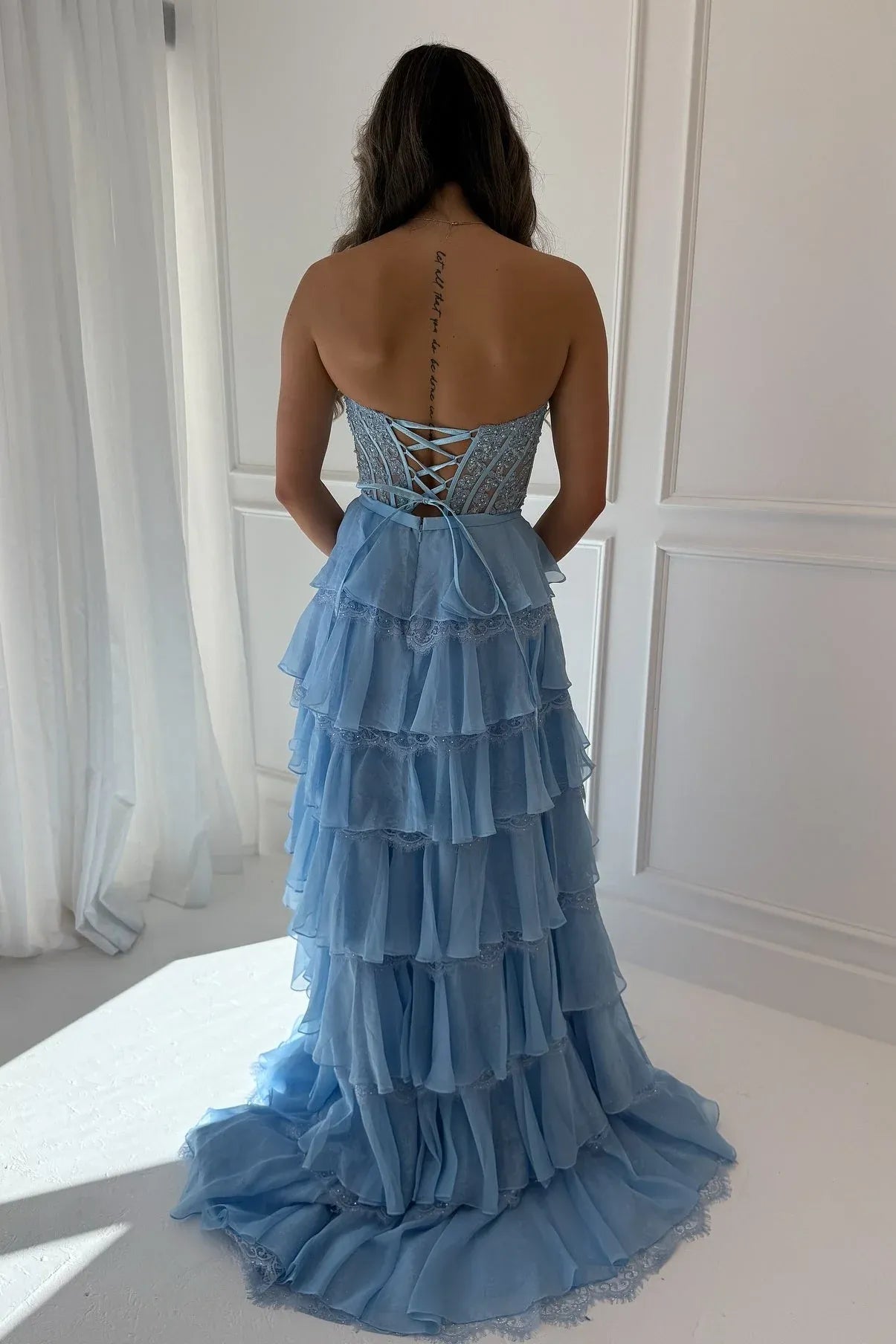 Pink A Line Sweetheart Corset Ruffle Floor Length Prom Dress With Slit