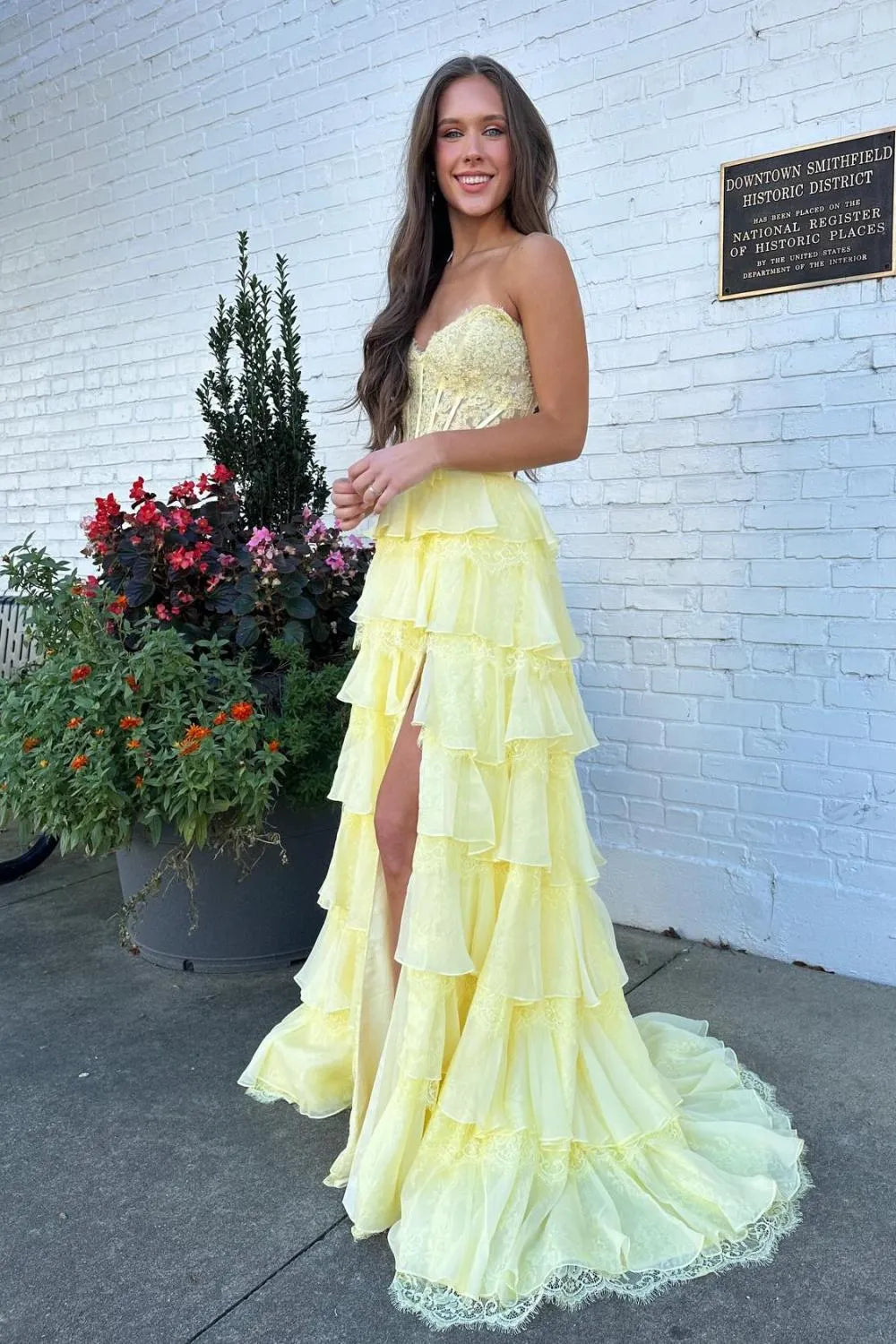 Pink A Line Sweetheart Corset Ruffle Floor Length Prom Dress With Slit