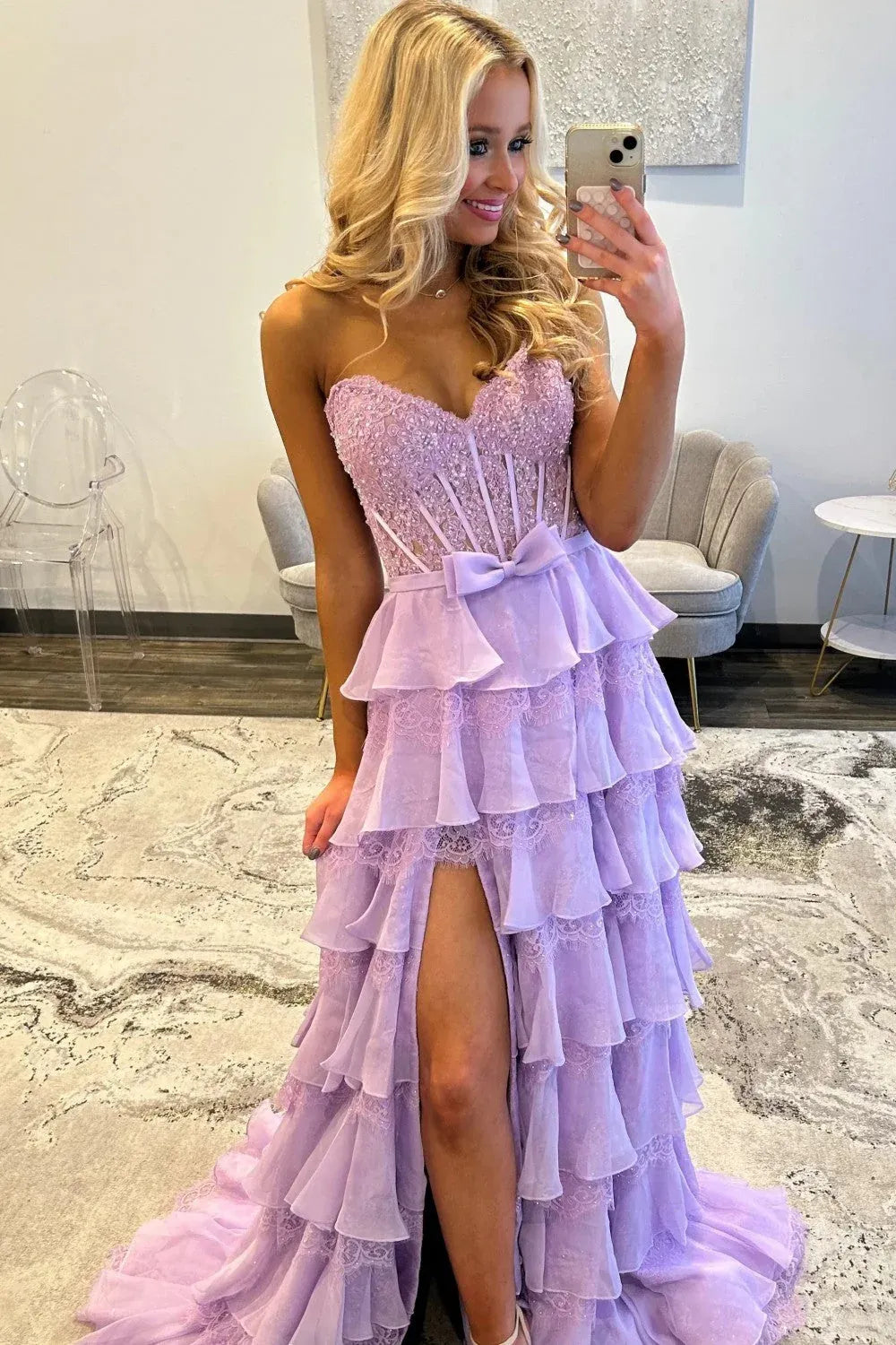 Pink A Line Sweetheart Corset Ruffle Floor Length Prom Dress With Slit