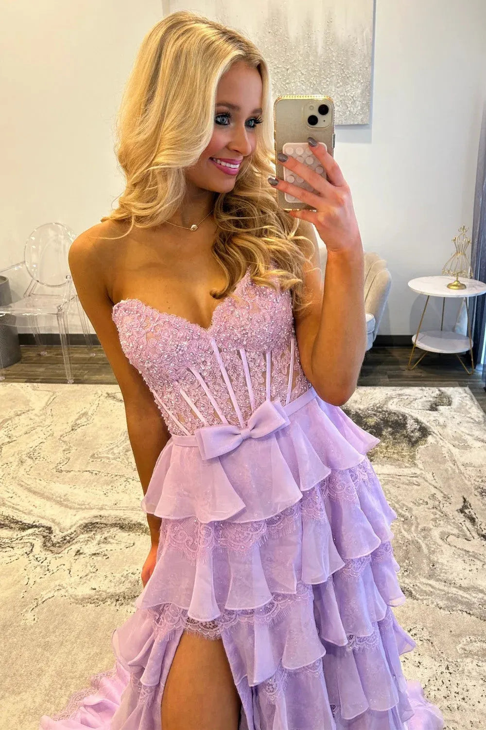 Pink A Line Sweetheart Corset Ruffle Floor Length Prom Dress With Slit