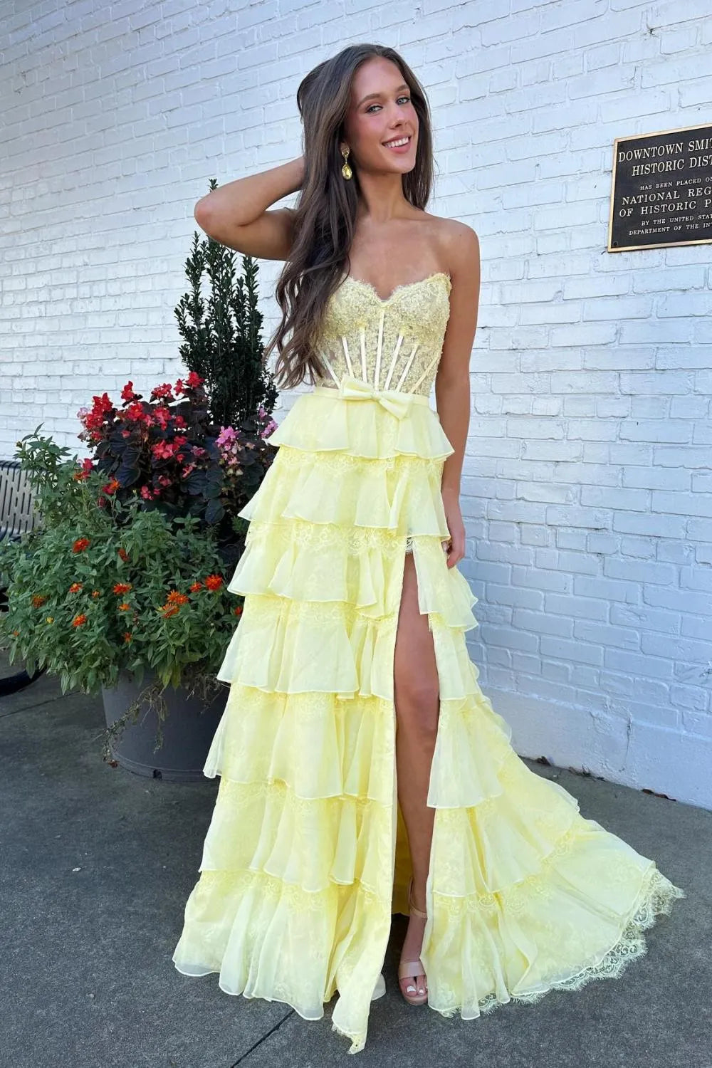 Pink A Line Sweetheart Corset Ruffle Floor Length Prom Dress With Slit
