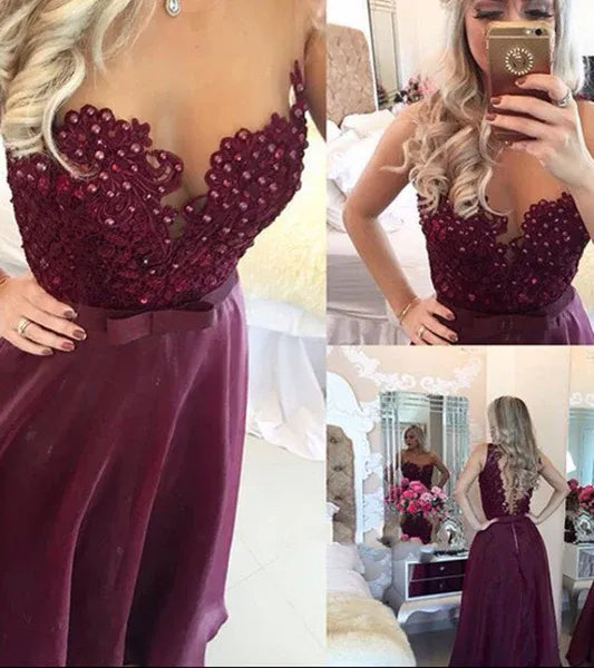 Burgundy A Line V Neck Beaded Floor Length Prom Dress