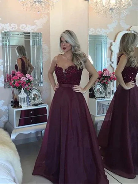 Burgundy A Line V Neck Beaded Floor Length Prom Dress
