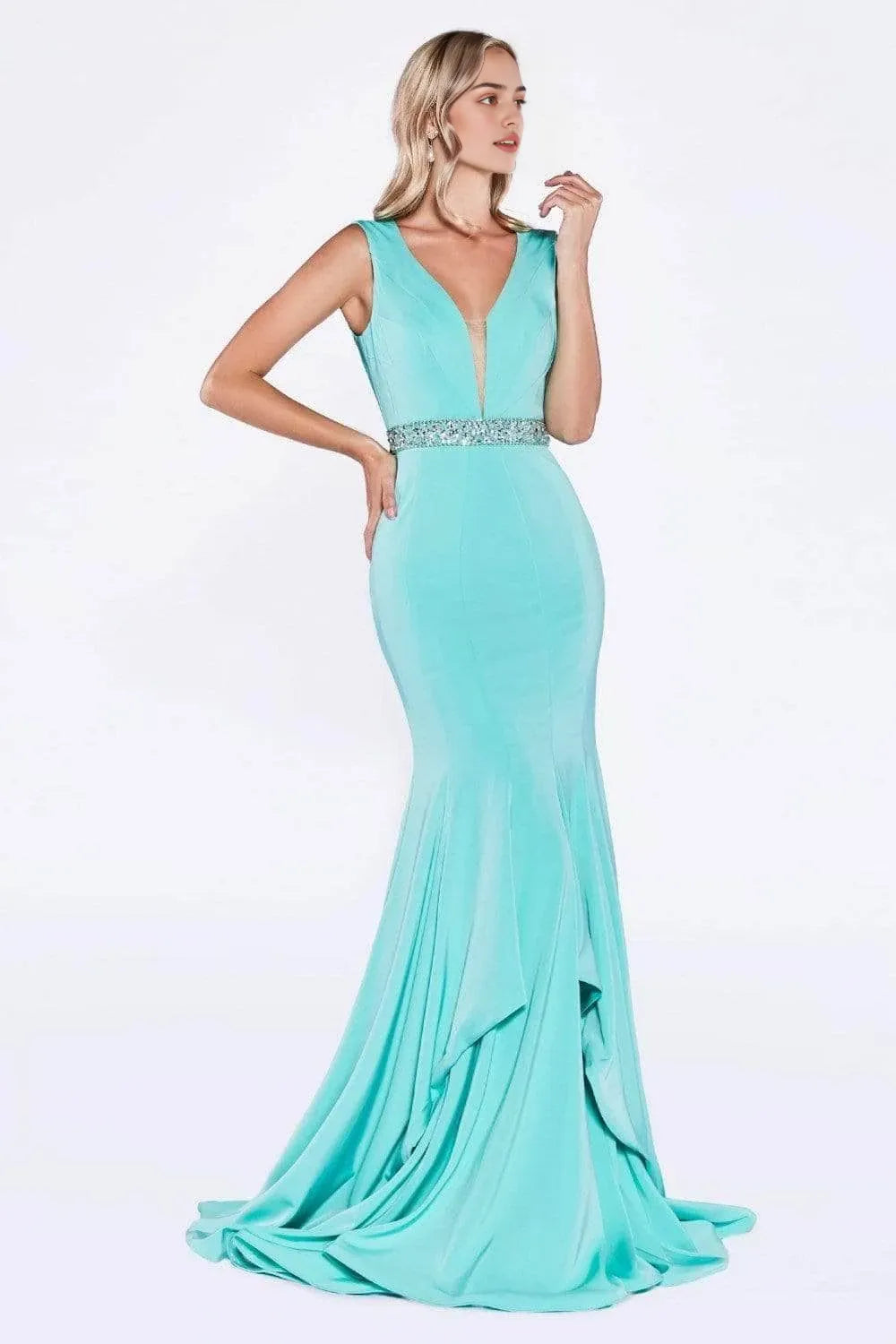 Blue Aqua Mermaid Evening Dress Plunging V - Neckline Waist Accent and Asymmetric Ruffle Skirt to Shine at Your Event