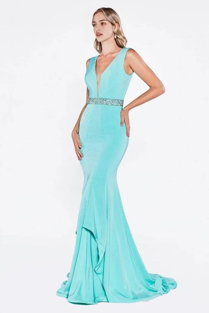 Blue Aqua Mermaid Evening Dress Plunging V - Neckline Waist Accent and Asymmetric Ruffle Skirt to Shine at Your Event