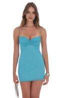 Blue Aqua Sparkle Homecoming Dress Ruched Bustier Spaghetti Straps Bodycon Fit for a Dazzling School Dance Appearance