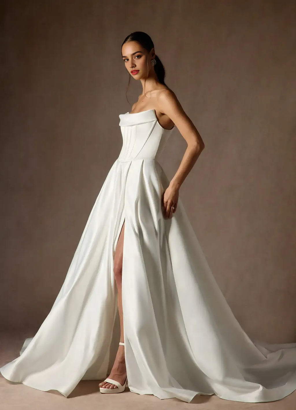 Ball-Gown Strapless Statement Wedding Dress Strapless Corset Voluminous Ball Gown Skirt Dramatic High Slit Train