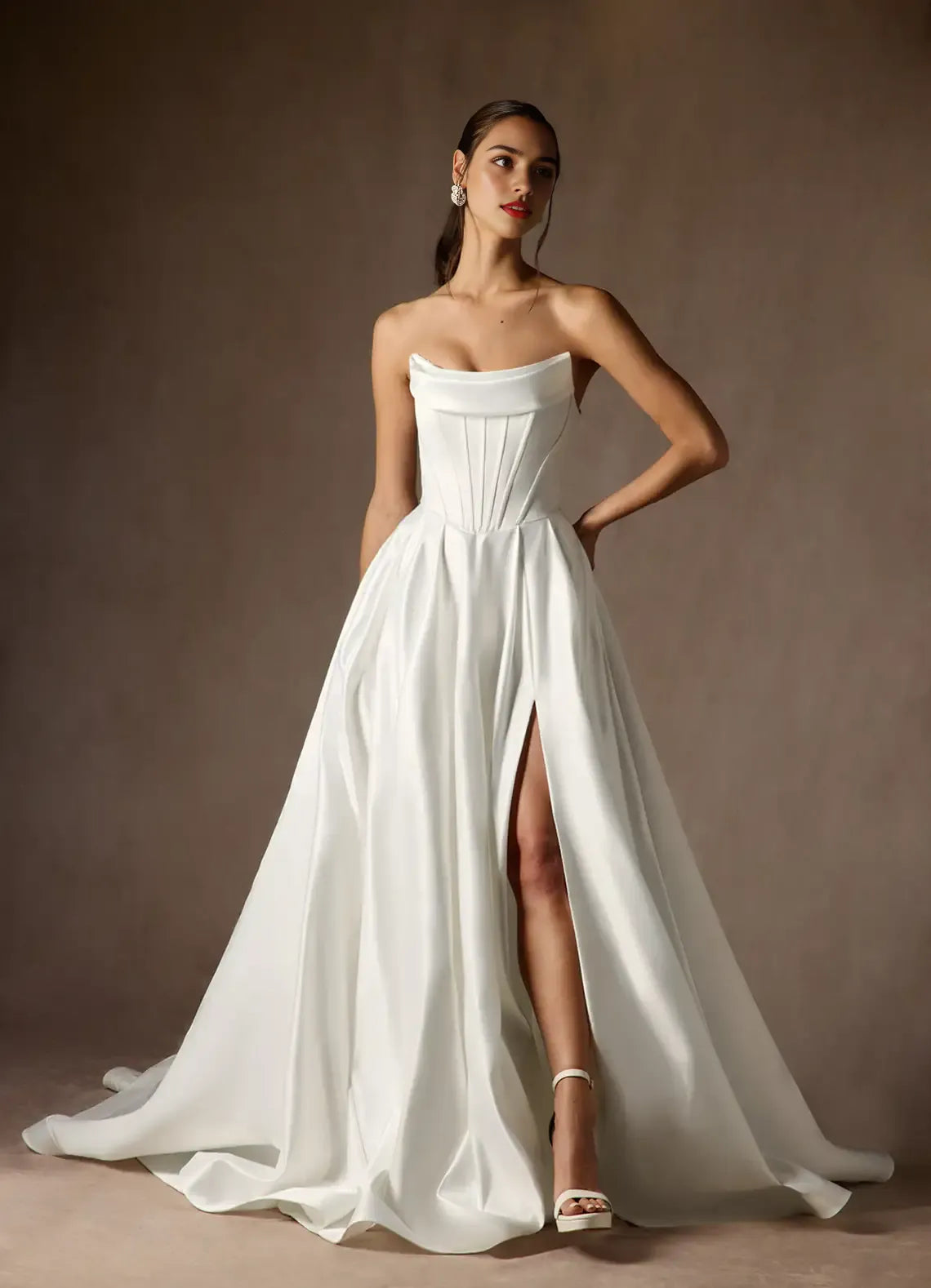 Ball-Gown Strapless Statement Wedding Dress Strapless Corset Voluminous Ball Gown Skirt Dramatic High Slit Train