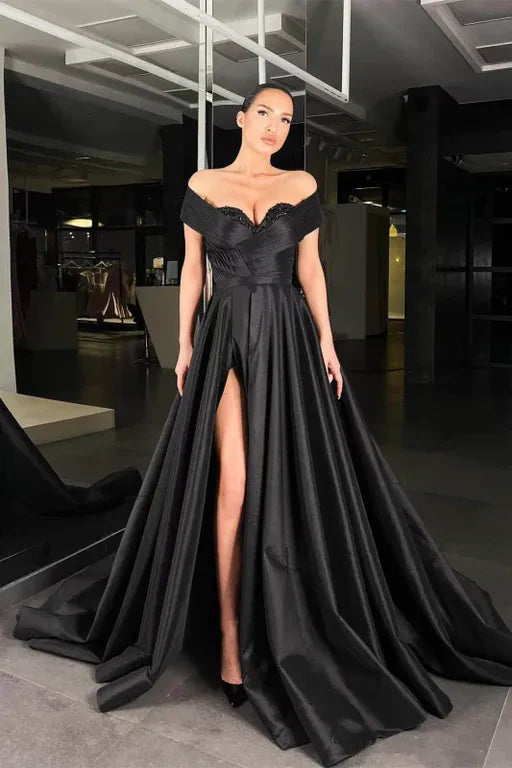 Black Ball Gown Off Shoulder Beaded Floor-Length Prom Dress