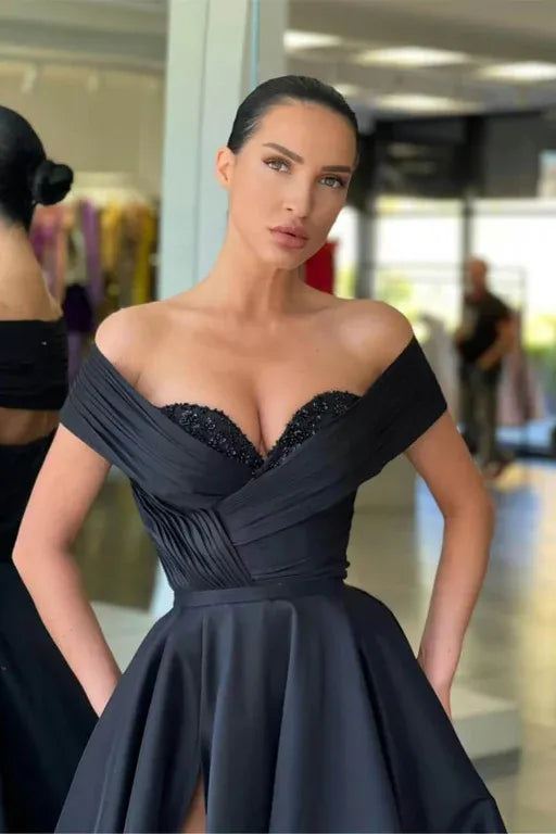 Black Ball Gown Off Shoulder Beaded Floor-Length Prom Dress