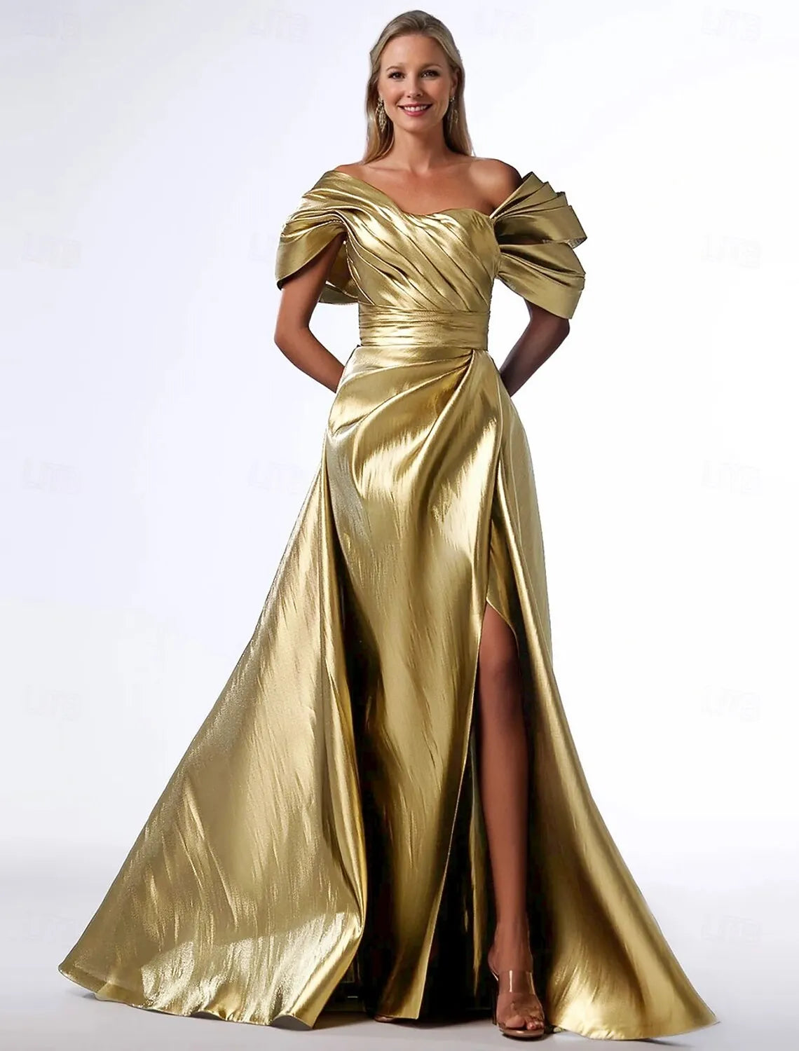Gold Ball Gown Off Shoulder Ruched Metallic Train Evening Dress