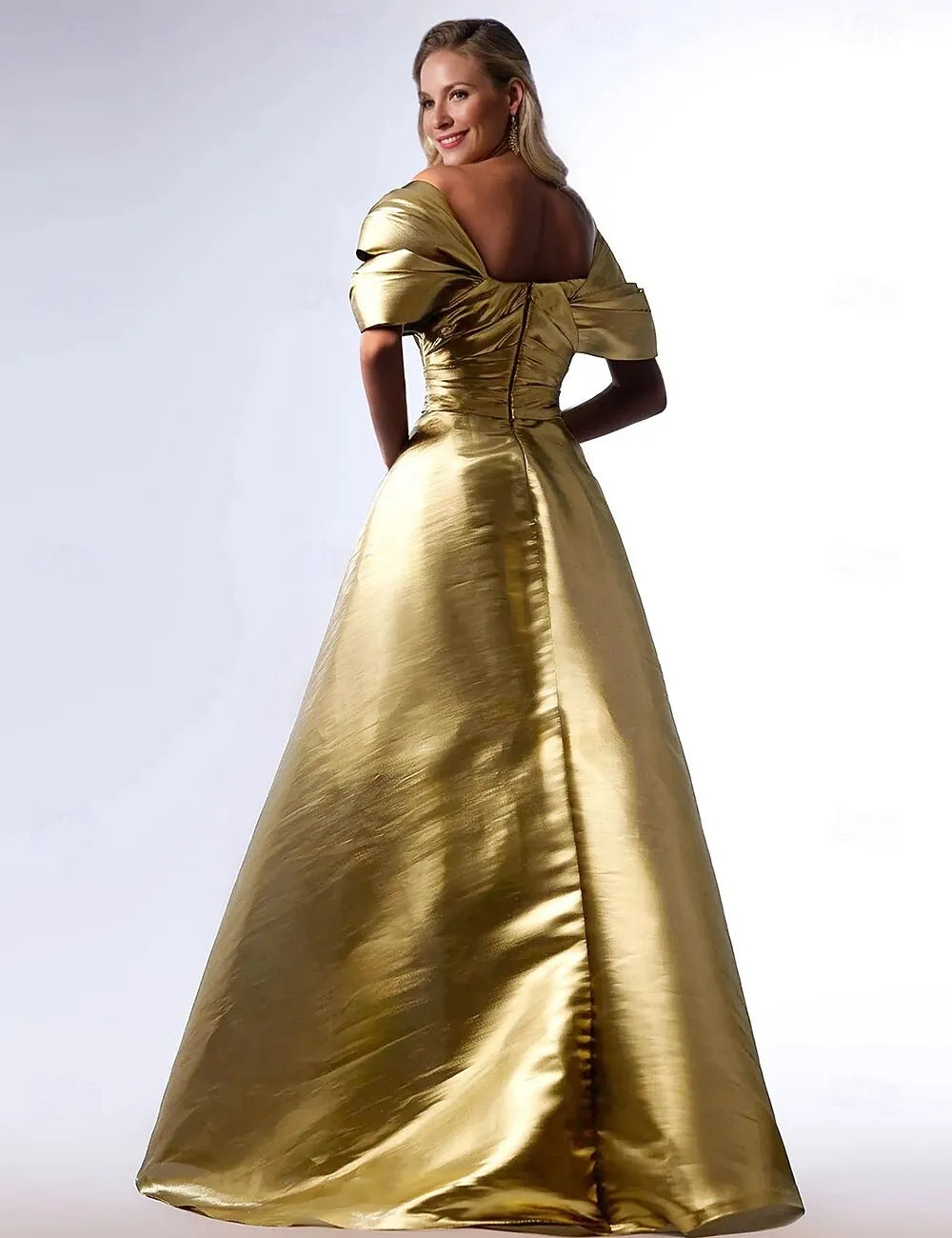 Gold Ball Gown Off Shoulder Ruched Metallic Train Evening Dress