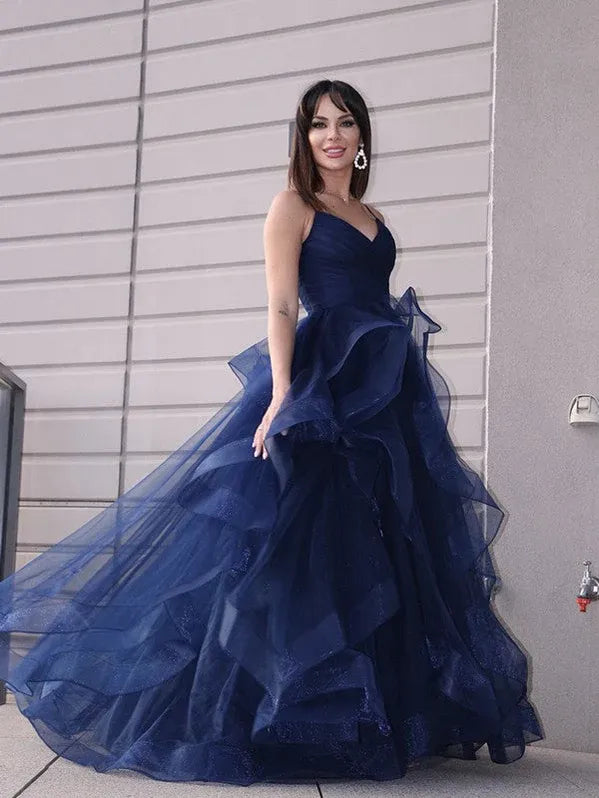 Navy Ball Gown Spaghetti Straps Ruffle Slit Maxi Prom Dress