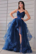 Navy Ball Gown Spaghetti Straps Ruffle Slit Maxi Prom Dress