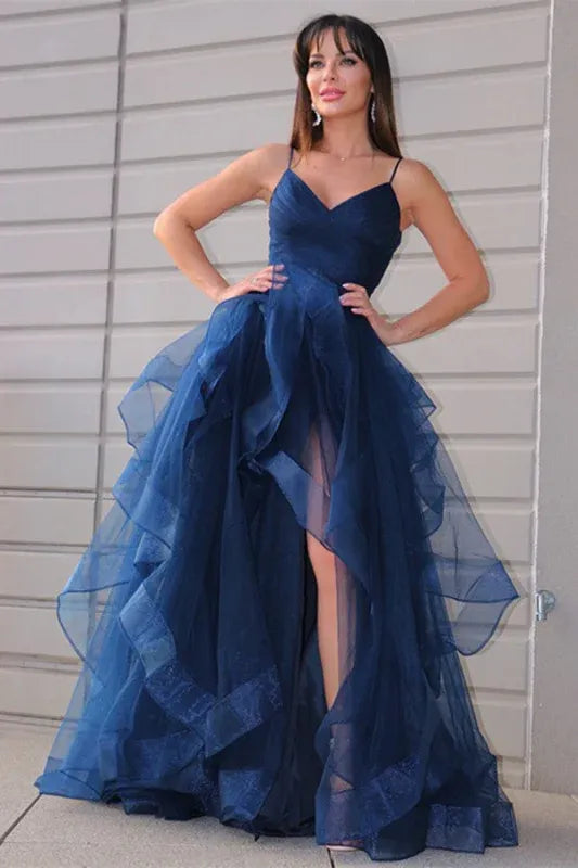 Navy Ball Gown Spaghetti Straps Ruffle Slit Maxi Prom Dress