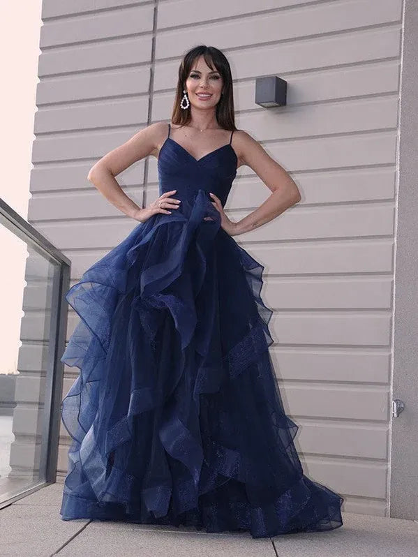 Navy Ball Gown Spaghetti Straps Ruffle Slit Maxi Prom Dress