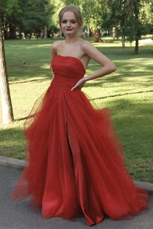 Red Ball Gown Strapless Ruched Slit Floor Prom Dress