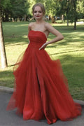 Red Ball Gown Strapless Ruched Slit Floor Prom Dress