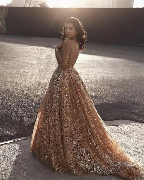 Gold Ball Gown Sweetheart Spaghetti Straps Backless Glitter Train Prom Dress