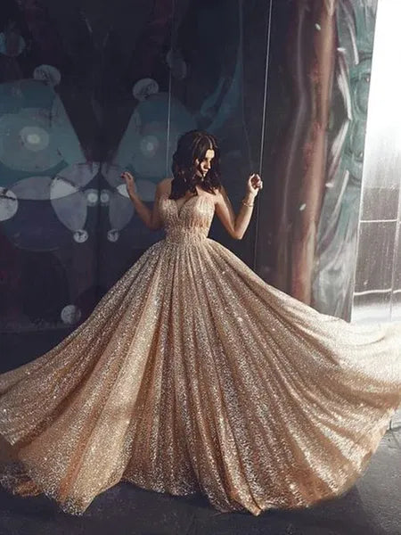 Gold Ball Gown Sweetheart Spaghetti Straps Backless Glitter Train Prom Dress