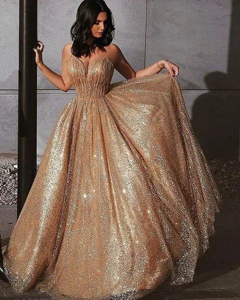 Gold Ball Gown Sweetheart Spaghetti Straps Backless Glitter Train Prom Dress