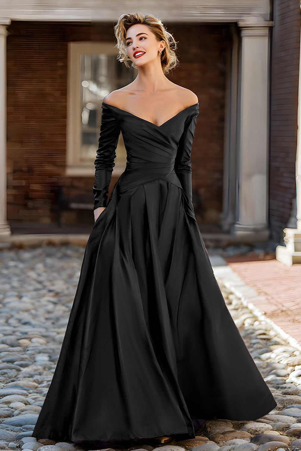 Ballgown Off-the-Shoulder Long-Sleeve Open-Back Floor-Length Mother Of The Bride Dresses