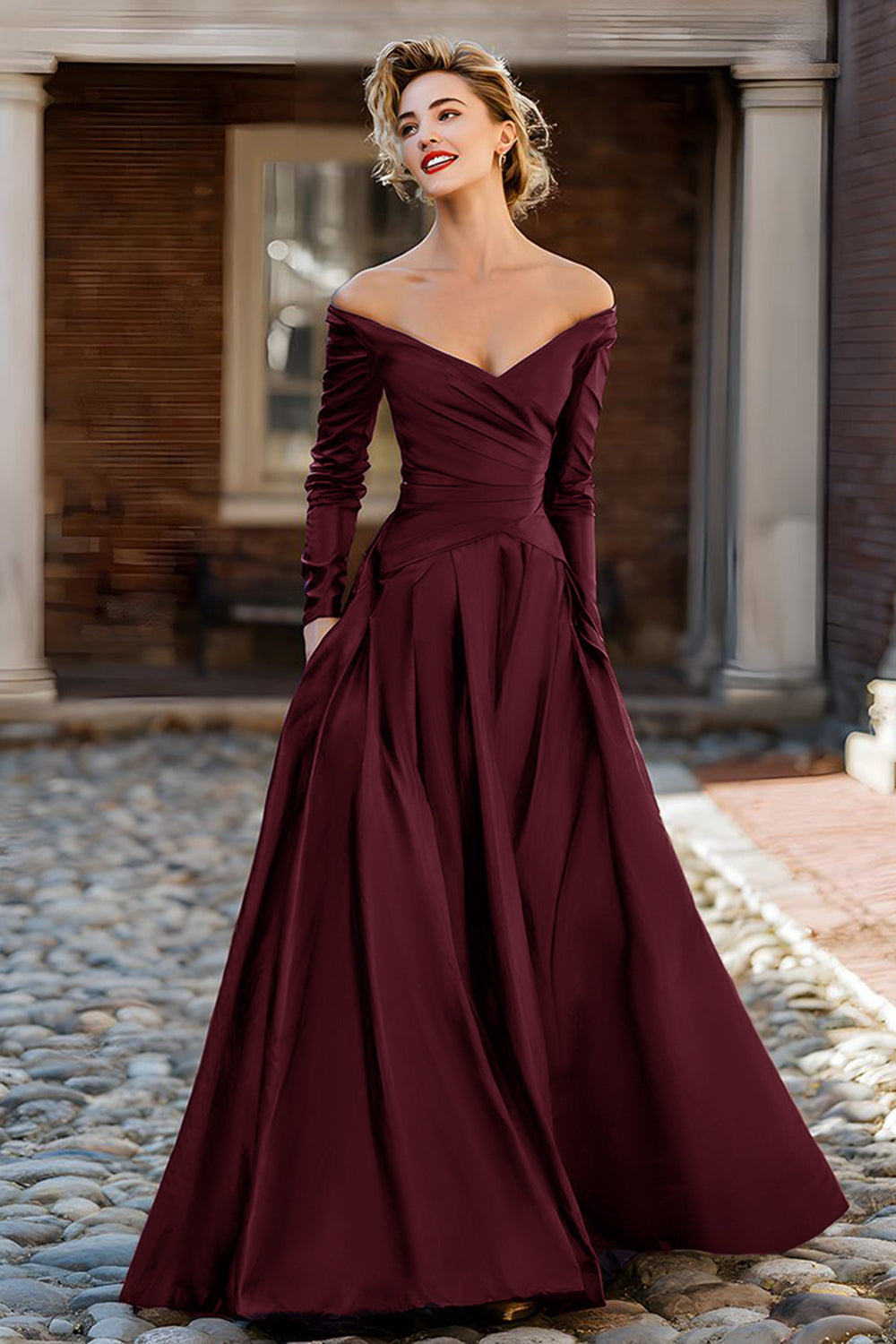 Ballgown Off-the-Shoulder Long-Sleeve Open-Back Floor-Length Mother Of The Bride Dresses