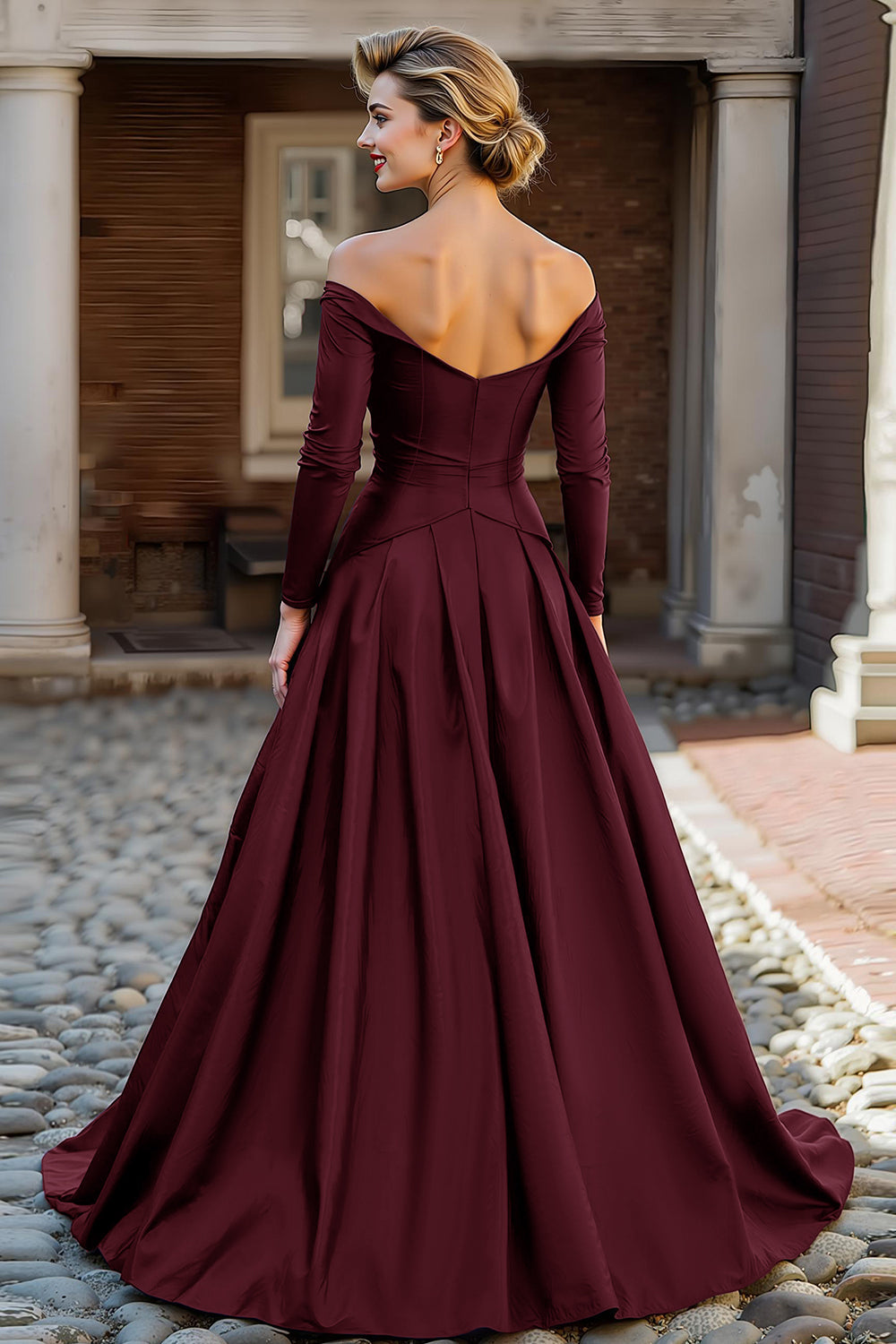 Ballgown Off-the-Shoulder Long-Sleeve Open-Back Floor-Length Mother Of The Bride Dresses