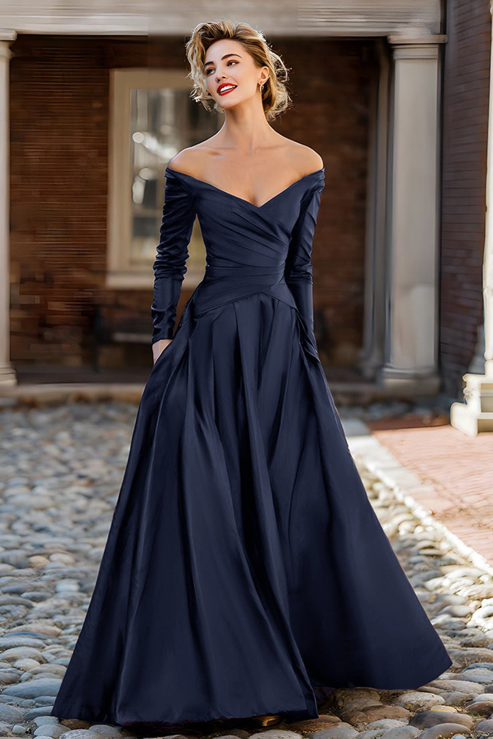 Ballgown Off-the-Shoulder Long-Sleeve Open-Back Floor-Length Mother Of The Bride Dresses