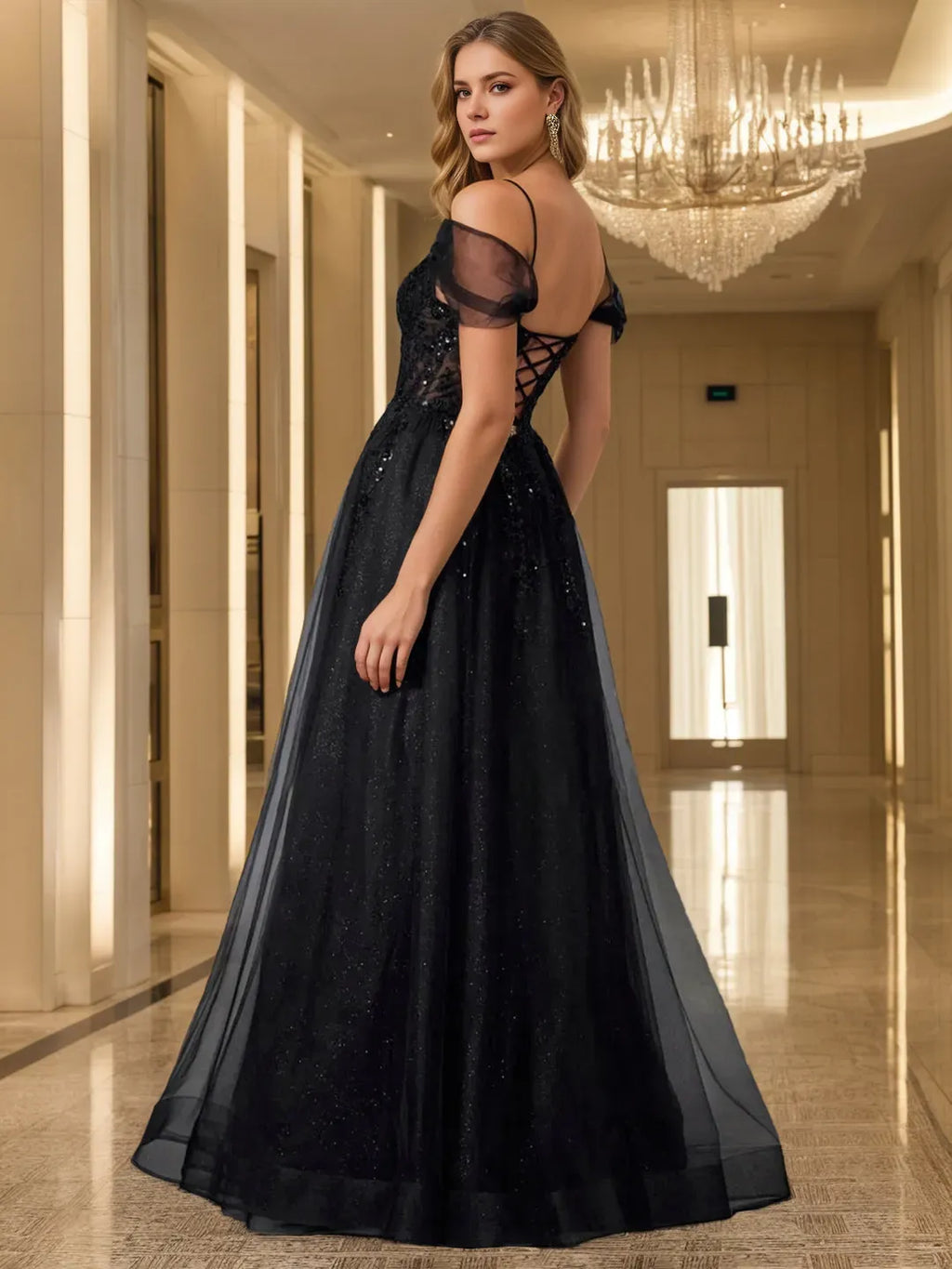 Black A-Line Off-the-Shoulder Sleeveless Lace-Up High-Slit Floor-Length Prom Dresses