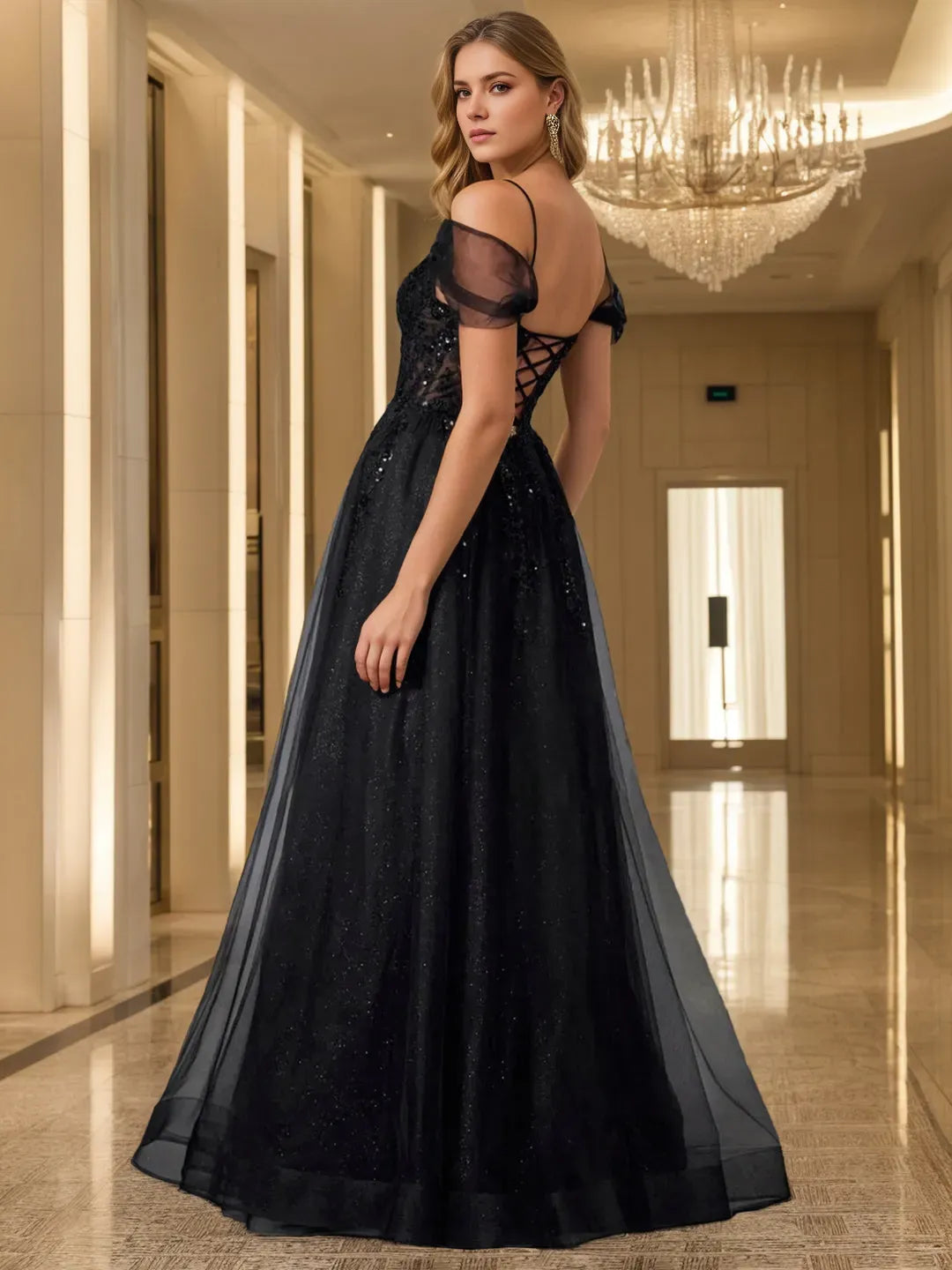 Black A-Line Off-the-Shoulder Sleeveless Lace-Up High-Slit Floor-Length Prom Dresses