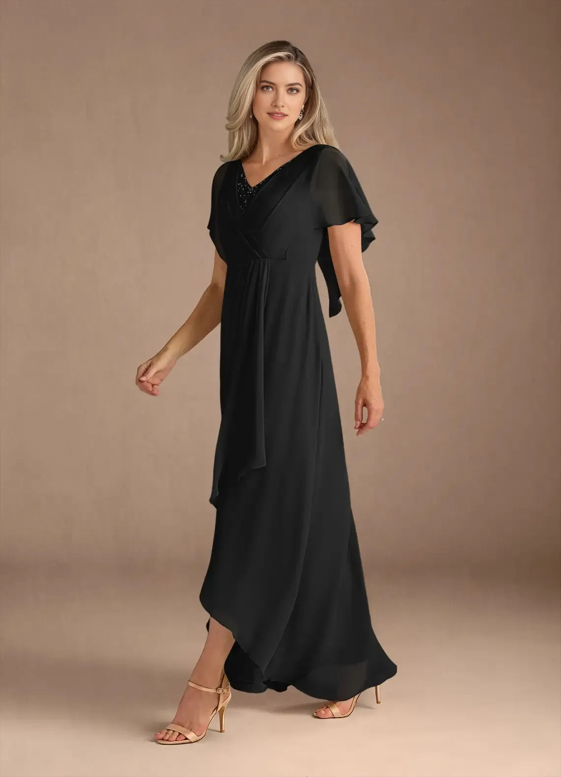 Black A-Line V-Neck Mother of the Bride Dress Delicate Soft Sheer Sleeves Draped Ruffled Accents High Low Skirt