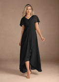 Black A-Line V-Neck Mother of the Bride Dress Delicate Soft Sheer Sleeves Draped Ruffled Accents High Low Skirt