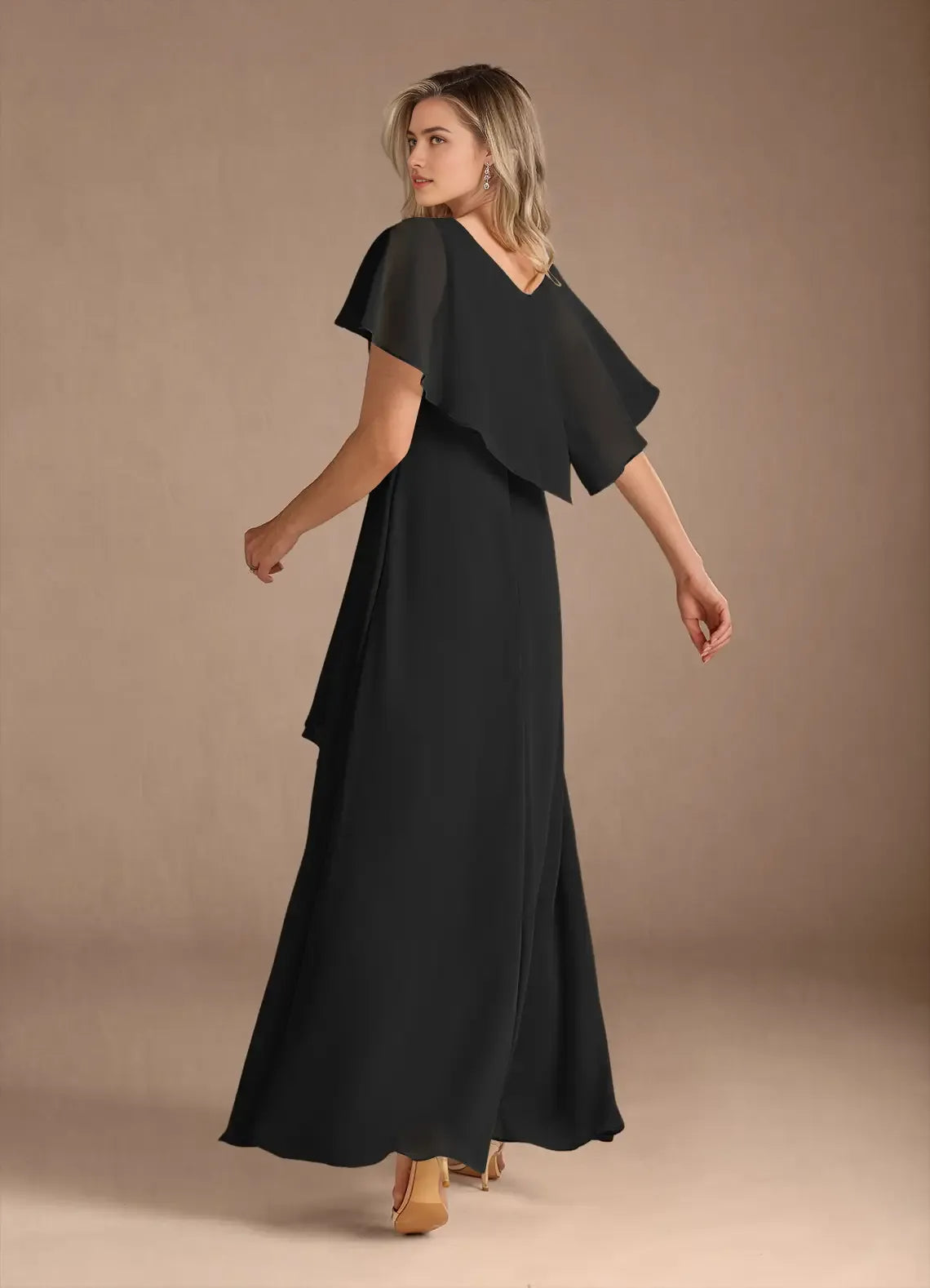 Black A-Line V-Neck Mother of the Bride Dress Delicate Soft Sheer Sleeves Draped Ruffled Accents High Low Skirt