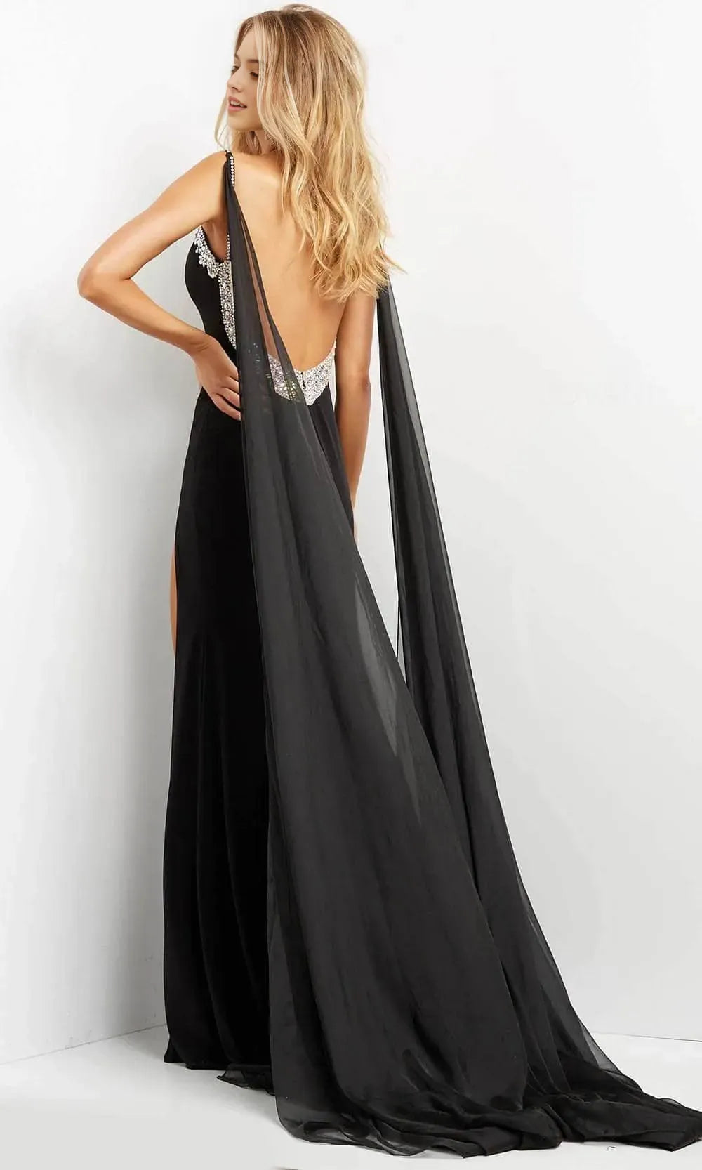 Black Evening Dress with Crystal V - Neckline Asymmetric Cape and High Side Slit