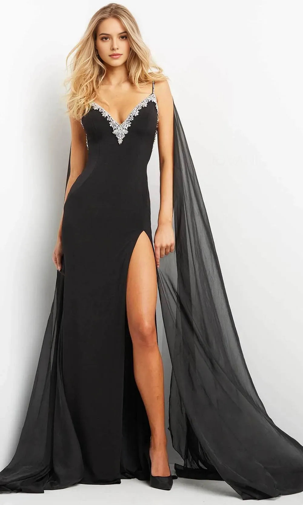 Black Evening Dress with Crystal V - Neckline Asymmetric Cape and High Side Slit