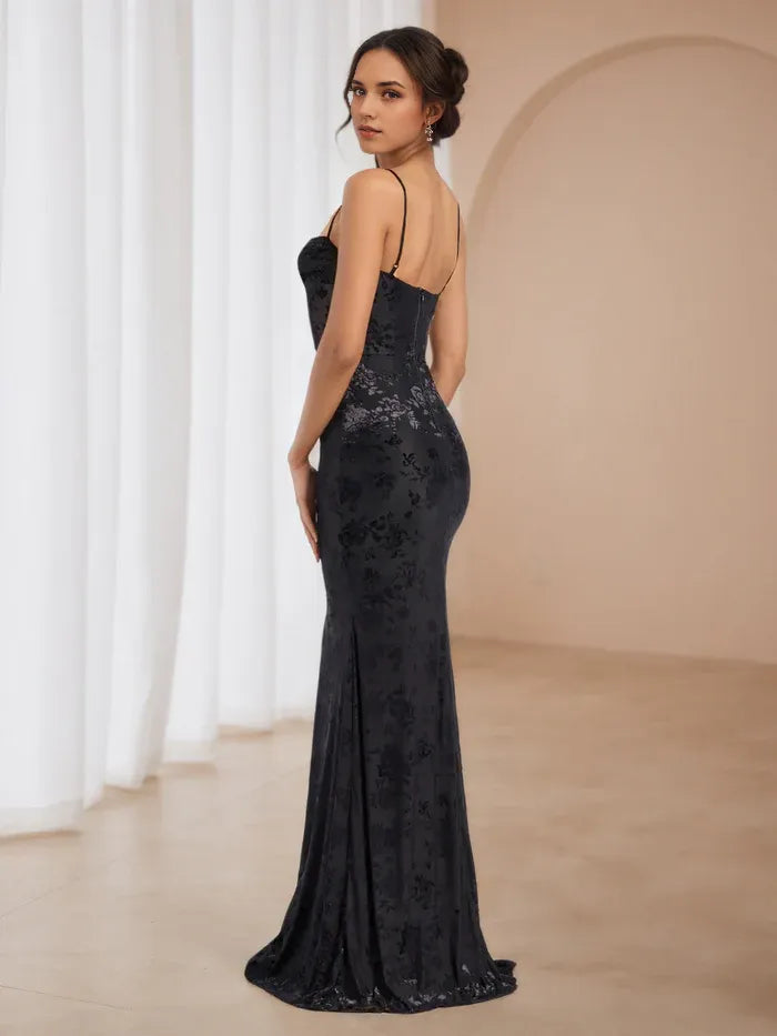 Black Floral Prom Dress Cowl Neckline Spaghetti Straps Sculpted Silhouette to Elevate Gala Style