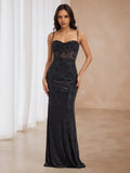 Black Floral Prom Dress Cowl Neckline Spaghetti Straps Sculpted Silhouette to Elevate Gala Style