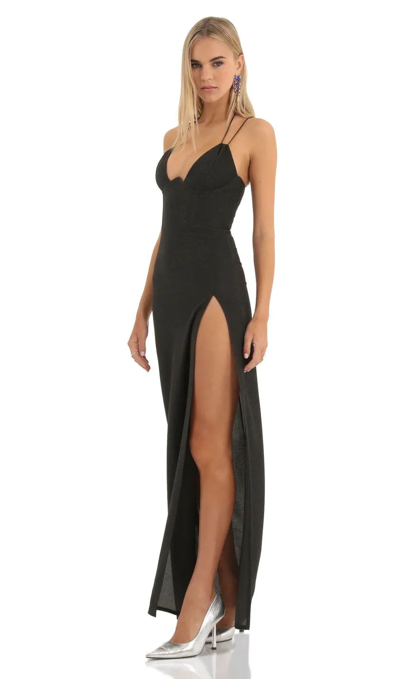Black Glitter Prom Dress with Double Spaghetti Straps Plunging V - Neckline High Thigh Slit Bodycon