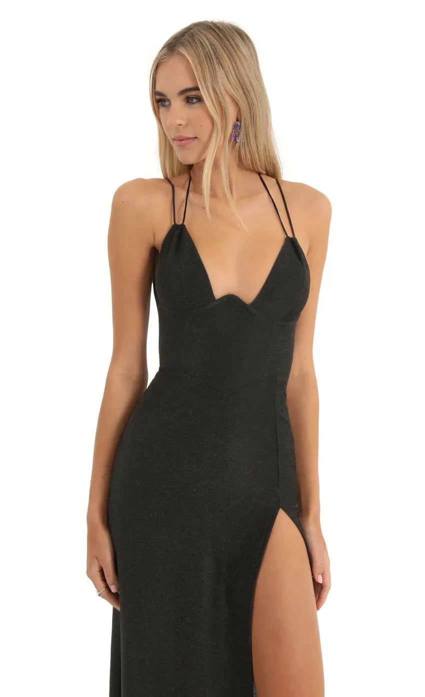 Black Glitter Prom Dress with Double Spaghetti Straps Plunging V - Neckline High Thigh Slit Bodycon