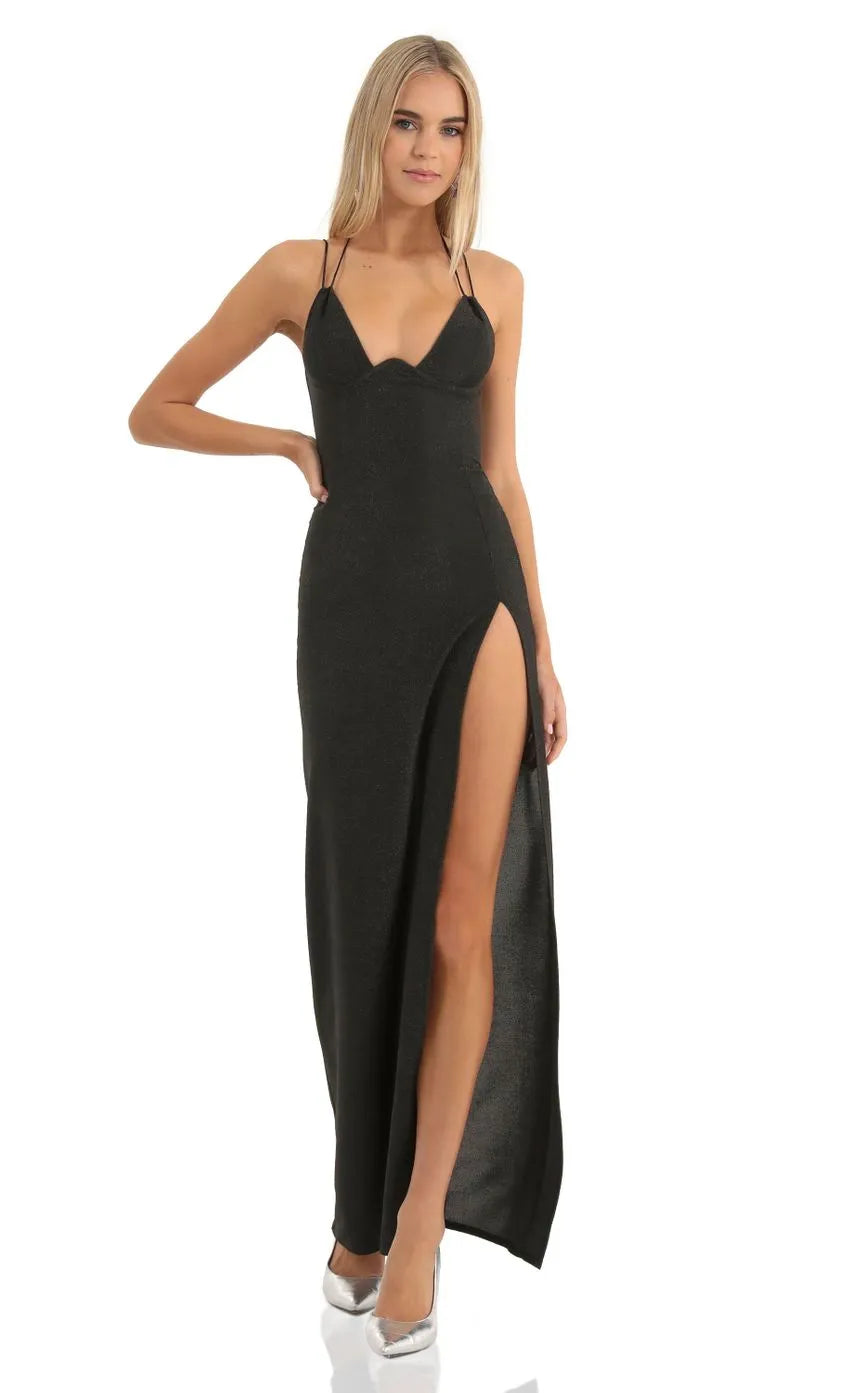 Black Glitter Prom Dress with Double Spaghetti Straps Plunging V - Neckline High Thigh Slit Bodycon