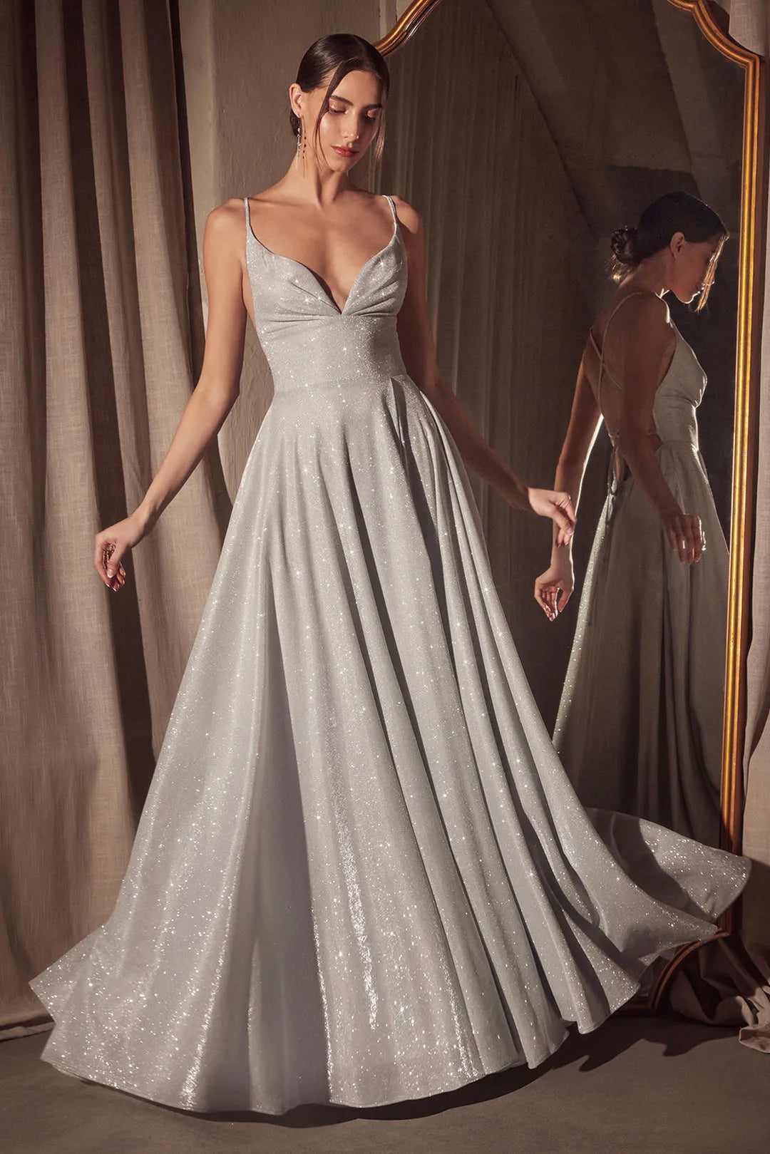Black Glittery Prom Dress with Deep V - Neckline Thin Straps and Flowy A - Line Skirt for Formal Evening Events