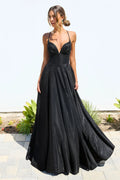 Black Glittery Prom Dress with Deep V - Neckline Thin Straps and Flowy A - Line Skirt for Formal Evening Events