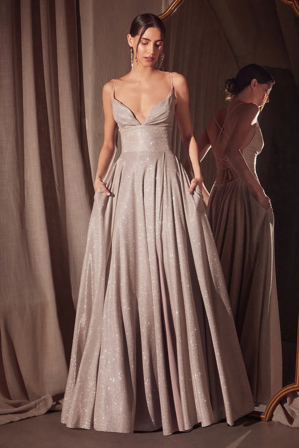 Black Glittery Prom Dress with Deep V - Neckline Thin Straps and Flowy A - Line Skirt for Formal Evening Events
